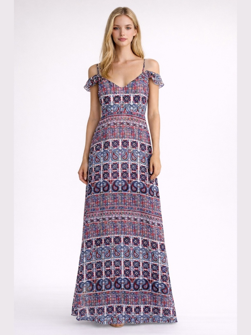 Shinestar Sheer A-line Paisley Print Red, White, & Blue Maxi Dress Size Small